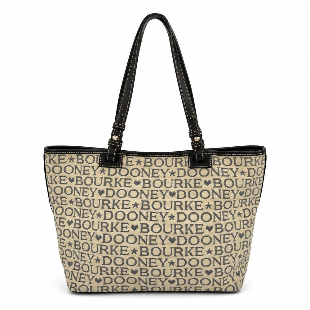 Dooney & Bourke Logo Spell Out Tote Bag Cream Black Canvas Leather Strap Y2K